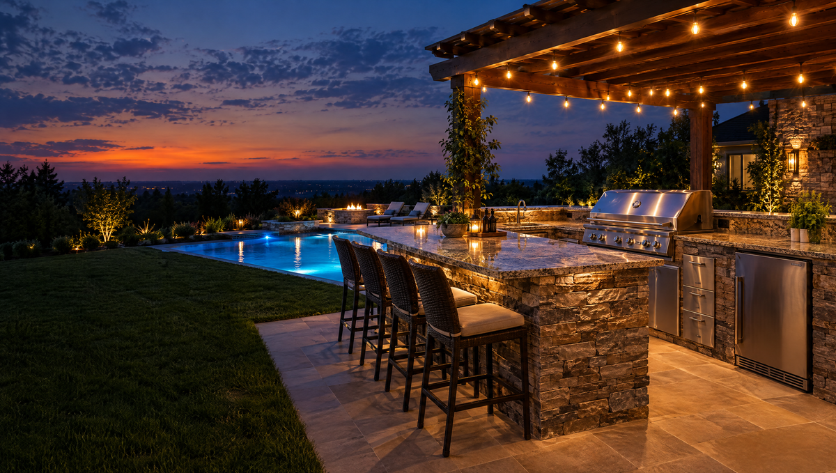 Luxury outdoor kitchen island with bar seating at dusk
