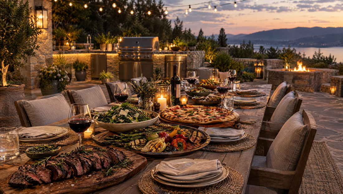 Outdoor dining table with grilled food at dusk