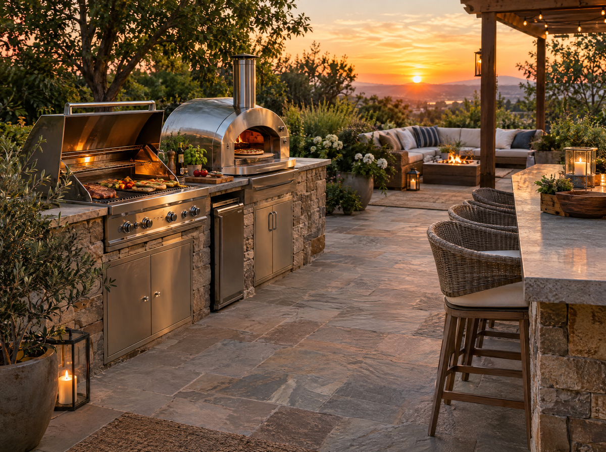 Backyard outdoor kitchen with grill and pizza oven at sunset