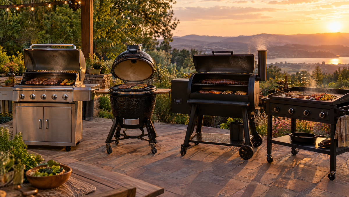 Gas grill, kamado grill, pellet smoker and flat top griddle cooking on a patio
