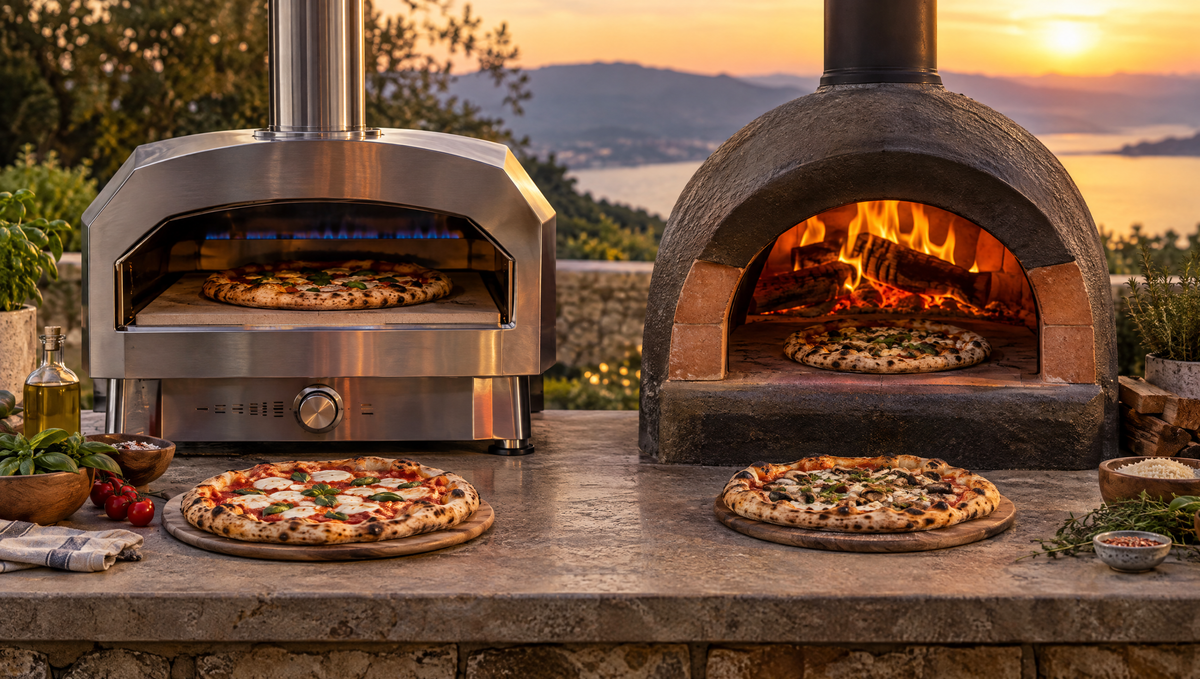 Gas pizza oven and wood-fired pizza oven side by side with fresh pizzas