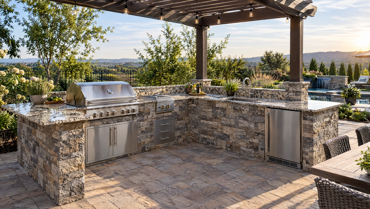 L-shaped stone outdoor kitchen with built-in grill and refrigerator