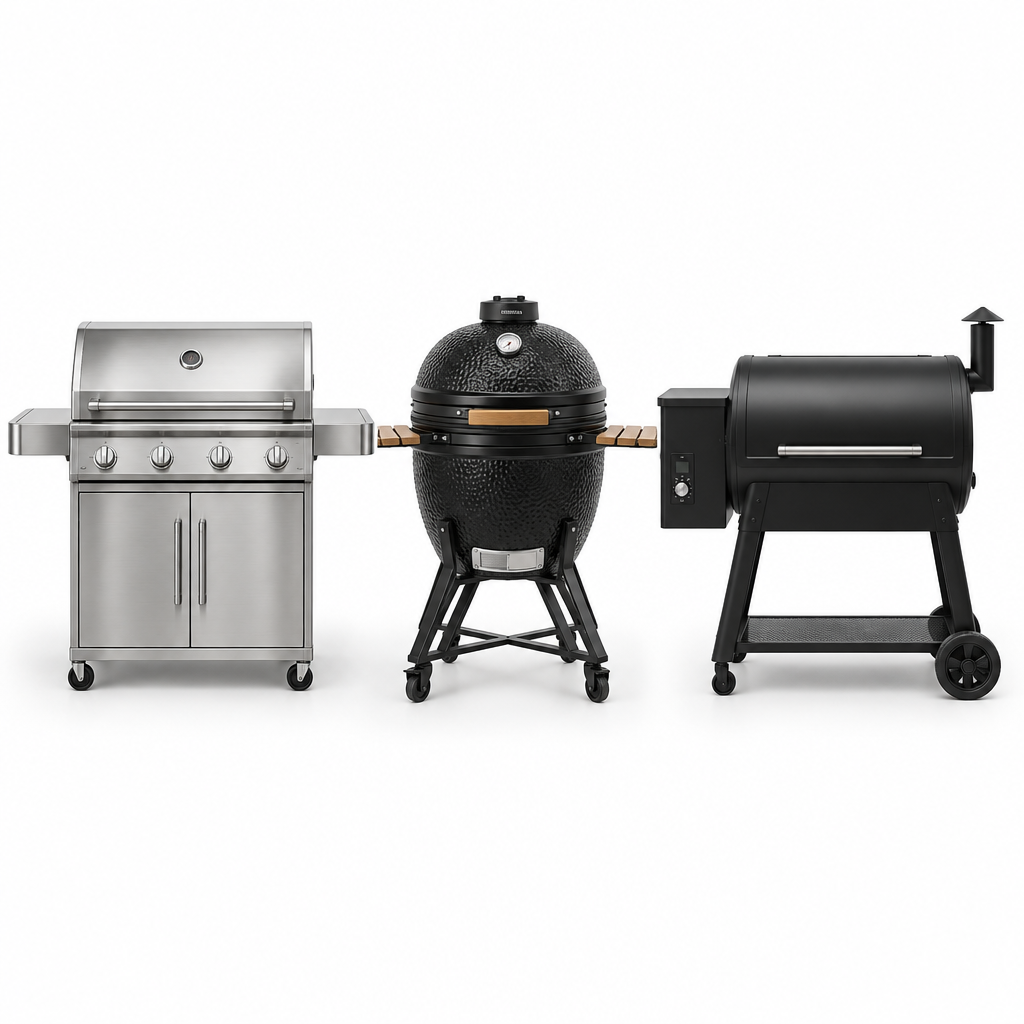 Gas grill, kamado grill and pellet smoker
