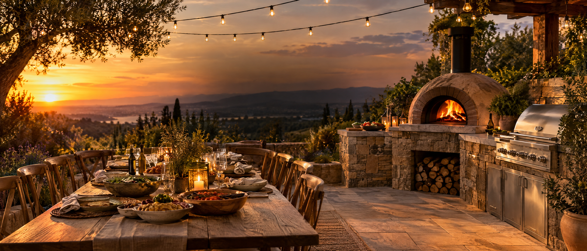 Outdoor dinner table beside a pizza oven and grill at sunset