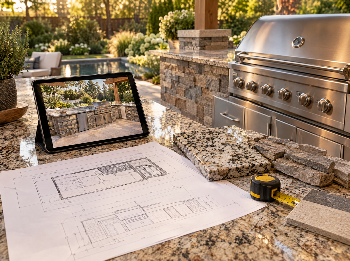 Outdoor kitchen plans and stone samples on a granite counter