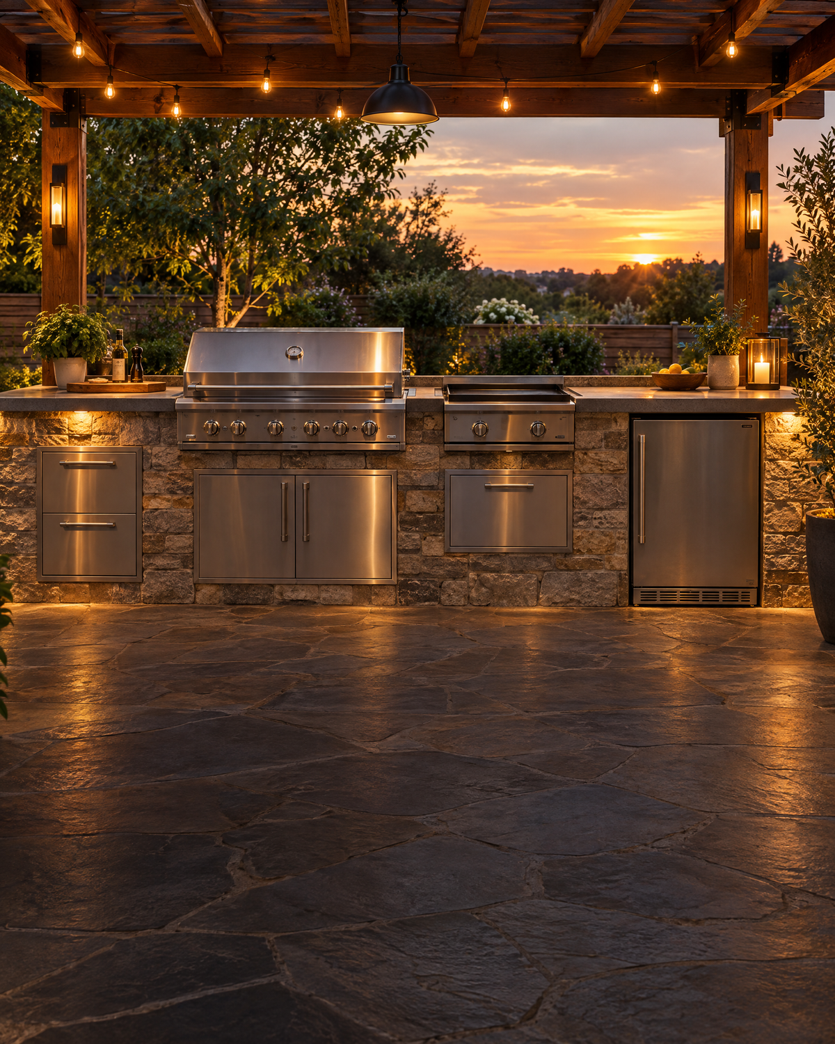 Complete backyard outdoor kitchen under a pergola