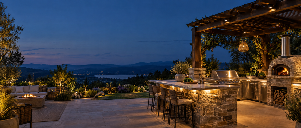 Stone outdoor kitchen with pizza oven at dusk