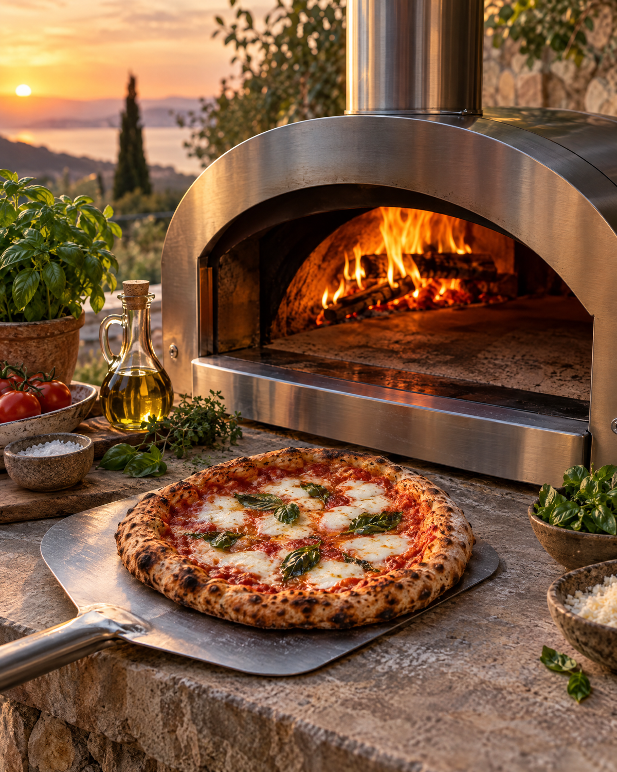Stainless pizza oven with a fresh margherita pizza